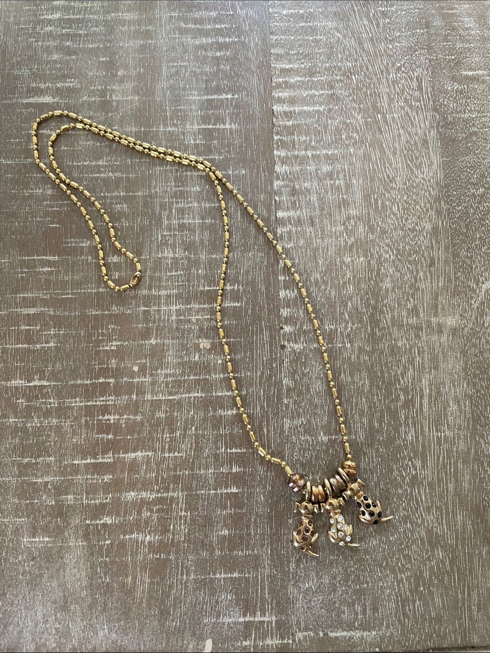 Vintage KIS USA Gold Tone Long Necklace w/ Three Decorative Charms Dog Charms